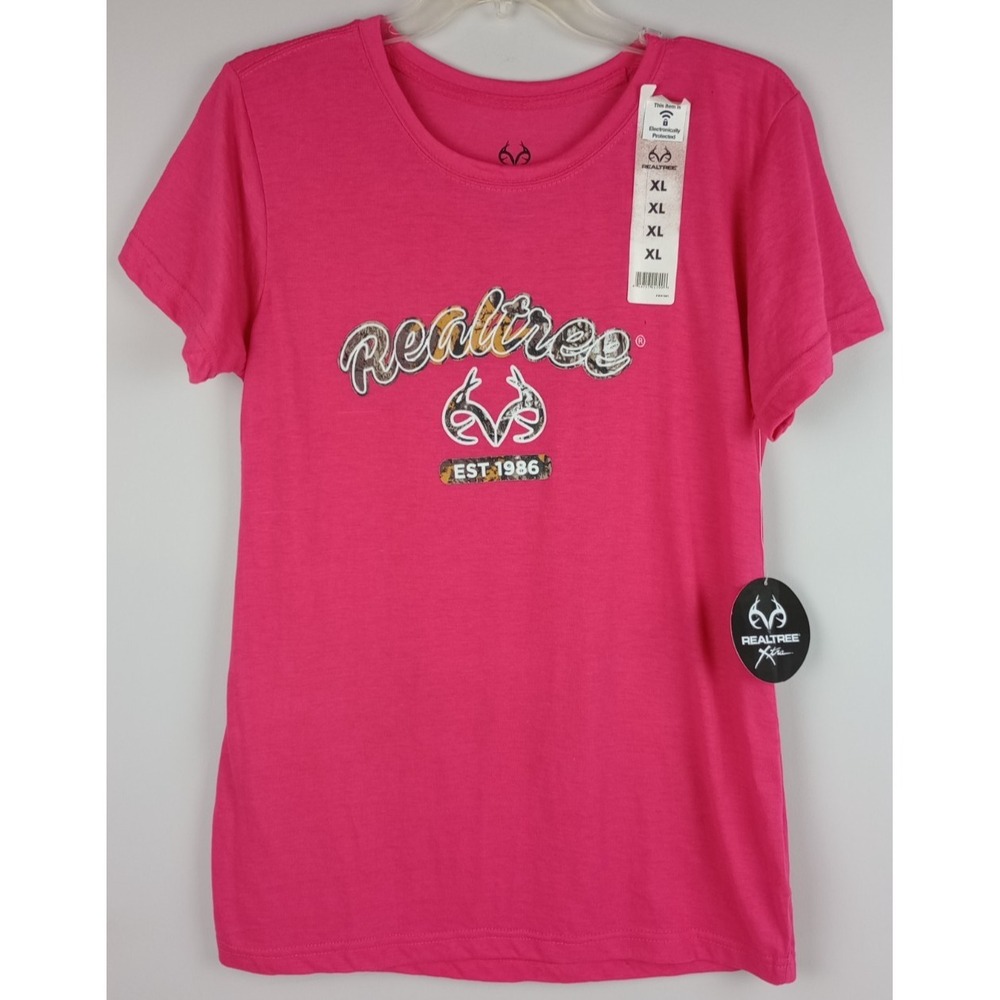 NWT Real Tree Women XL Pink Real Tree Logo Crew Neck Short Sleeve Classic Tshirt